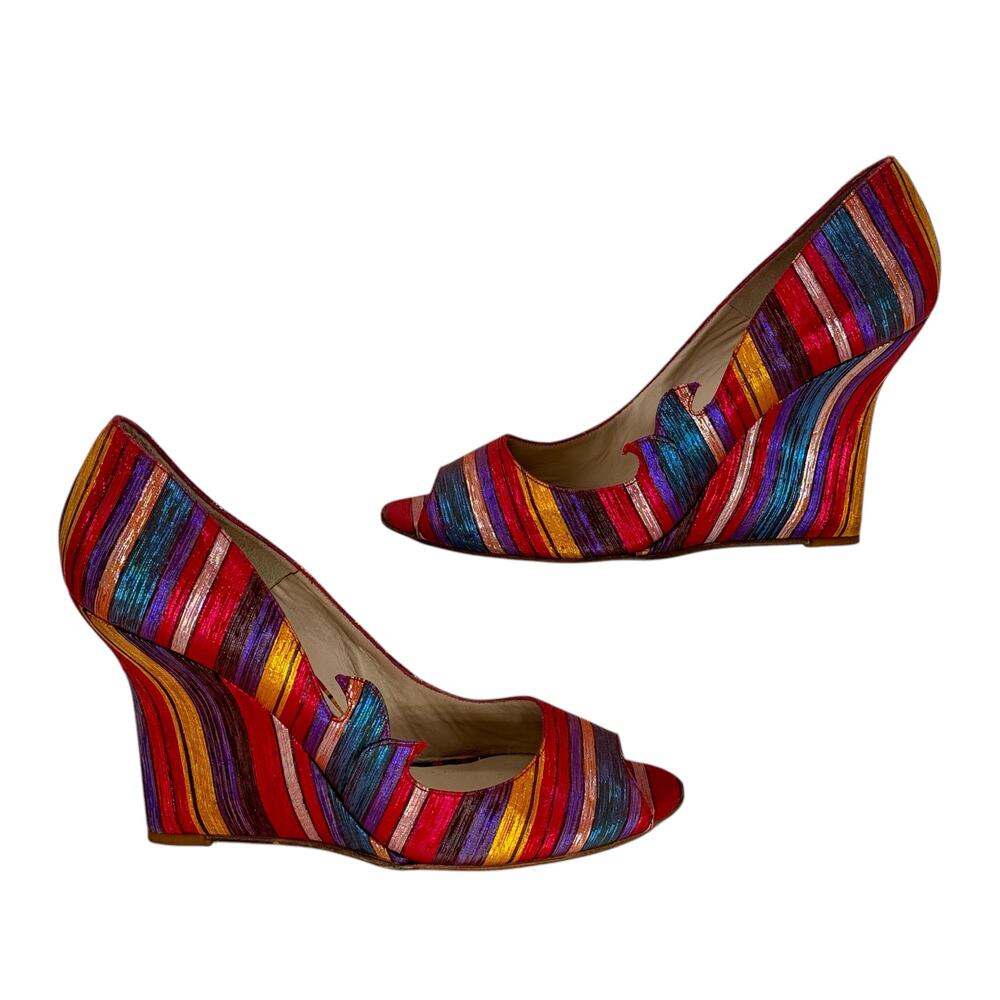 Beatrix Ong Satin Striped Wedge Heel Women's SZ 39 Rainbow Art Luxury Whimsy Fun - Picture 5 of 13